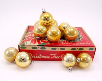 Gold Vintage Glass Feather Tree Christmas Ornaments 1950s Boxed Set Of Twelve Mercury Glass Baubles