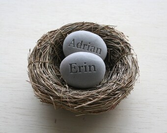 Mothers gift from daughter - set of 2 personalized engraved name stone eggs in nest by sjEngraving