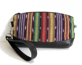 Hand clutch with removable strap, black faux leather and ethnic fabric