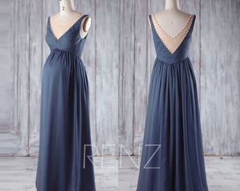 Maternity Bridesmaid Dress,Dark Steel Blue Chiffon Pregnancy Dress,V Neck Beaded Maxi Dress,Sleeveless Plus Size Baby Shower Dress(HM387)