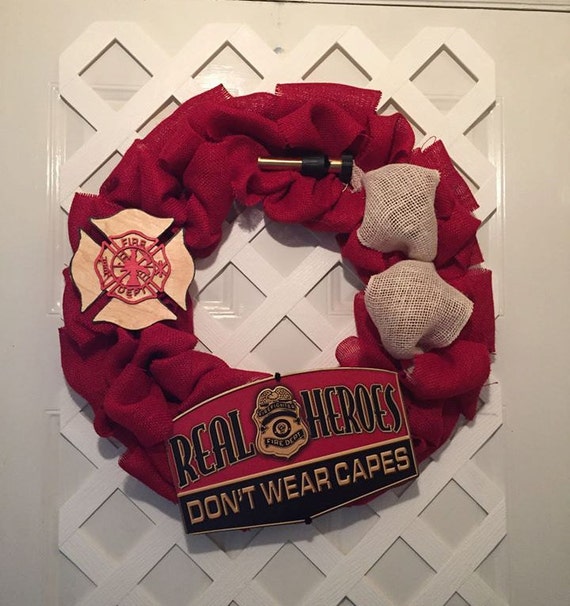 Firefighter Gifts - Firemen Gifts - Firemen Burlap Wreath - Firehouse Gifts - Firehouse Decor - Firemen Decor - Heroes Wreath - Door Decor