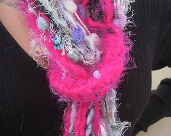 Clothing-Gift Her, Clothing Gift Women, Scarf Women Pink, Fringe Scarf, Funky Scarf, Pom Pom Scarf, Knotted Scarf, Boho Pink Scarf