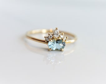 Olina - Oval Aquamarine 14k or 18k , Aquamarine Crown Ring, VS Diamond Aquamarine Ring, Unique Aquamarine Engagement Ring, March Birthstone