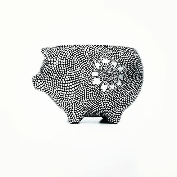 Painted Piggy Planter: Hand Painted dots silver dots on black Vintage style Pig Planter dot Painting
