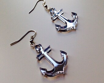 Anchor | Mermaid | Nautical | Retro | Mirrored | Silver | Laser Cut | Acrylic | Earrings