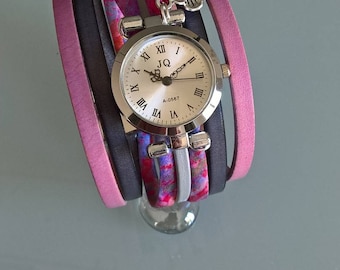 Pretty grey/old leather strap watch pink