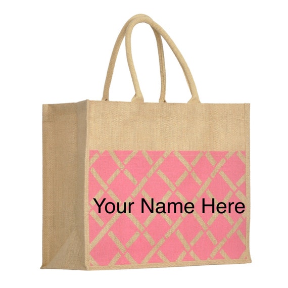 Jute Tote Bag with Pink Diamond Accent with Personalized