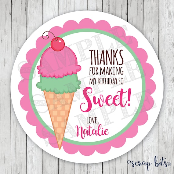 Ice Cream Birthday Stickers Ice Cream Cone Tags Thank You