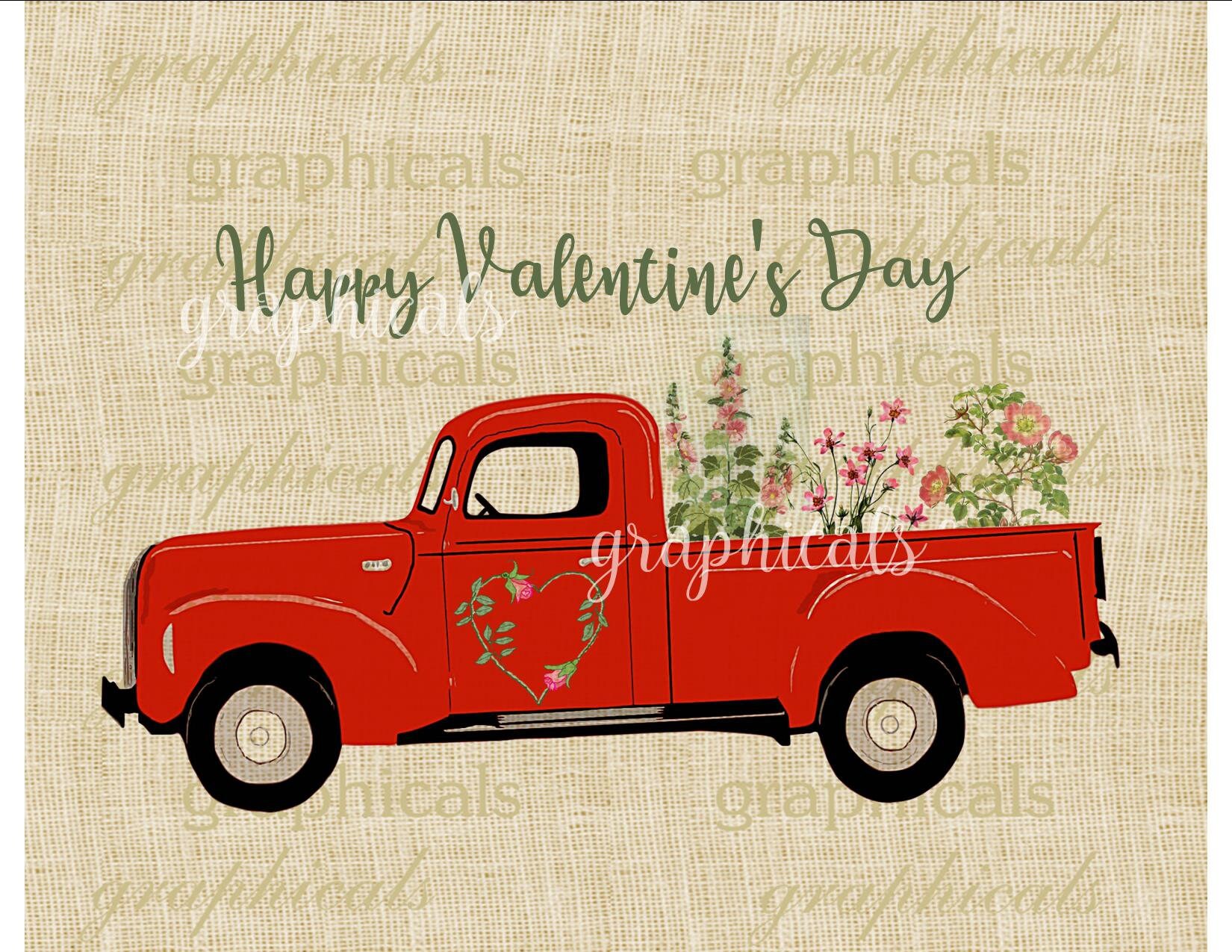 Red Truck Valentine Pink Flower Printable Graphic Digital Red Truck Valentine Pink Flower Printable Graphic Digital