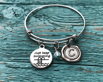 Just keep swimming, Swimming, Pool, Swimmer, Swim, Team, Swim mom, Coach, Silver Jewelry, Silver Bracelet, Charm Bracelet, Gifts, Keepsake