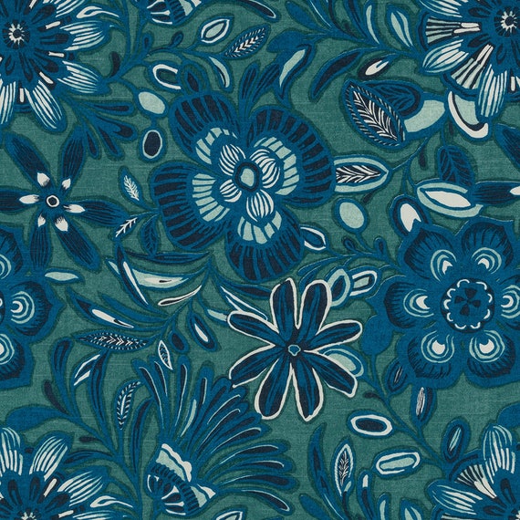 Teal Navy Blue Floral Upholstery Fabric Custom Navy Blue