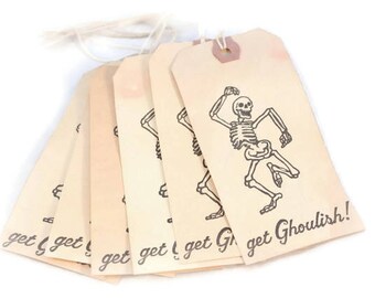 Halloween Tags, Dancing Skeleton, Get Ghoulish, Hang Tags, Tea Stained, Halloween Decoration, Halloween Party, Favor Tags, Grungy Tags