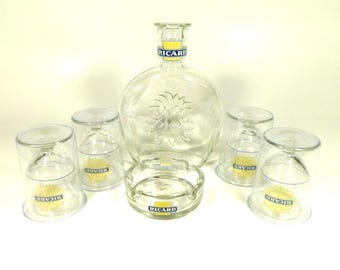 French Vintage Ricard Large Pitcher Set, Vintage French Barware, Large Ricard Water Pitcher with Glasses and Ashtray
