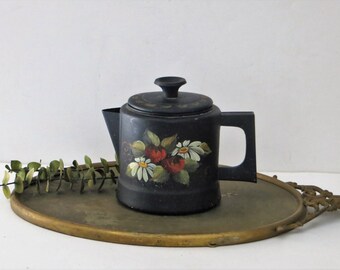 Tole Painted Coffee Pot, Tole Flowers Aluminum Kettle, Farmhouse Decor