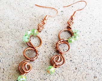 Green Crystal Copper Swirl Earrings Wire-wrapped Handmade Dangle Beaded Earrings By Distinctly Daisy
