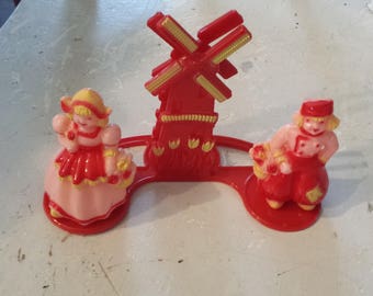 Vintage Regaline Plastic Dutch Salt and Pepper Shakers w/Windmill Napkin Holder