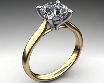 sabra ring – 2 carat round cut NEO moissanite engagement ring, two tone ring, colorless moissanite