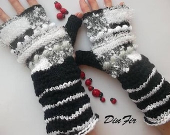 Women L 20% OFF Ready To Ship Hand Knitted Gloves Fingerless Mittens OOAK Arm Warm Wrist Warmers Winter Cabled Striped Black Mohair 1215