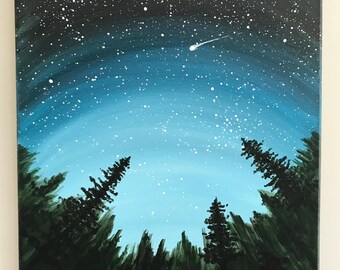 Nursery Decor, Children's Room Decor, Night Sky Scene, Shooting Star Painting, Hand Painted Night Sky