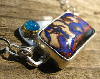 Good Deed Australian Koroit Boulder Opal and Blue Apatite Sterling Silver with 22k Yellow Gold Necklace