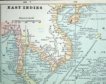 1888 Antique Map of the East Indies - Borneo - Cambodia - Indonesia - Malaysia - Singapore - Papua New Guinea - Philippines