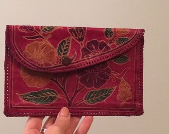 vintage, leather wallet, red, with flowers, adorable