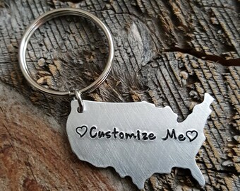 Customizable USA Keychain Design your own State Keychain Long Distance Relationship Gift Girlfriend Gift Fathers Day Keychain
