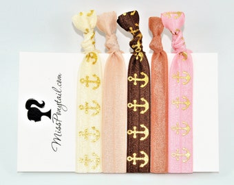 Anchor Hair Ties, Brown, Tan, Pink, Gold Foil, Elastic FOE Hair Ties, Hair Accessories, Ponytail Holder, Knotted Hair Ties, missponytail