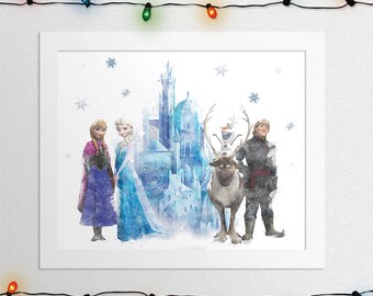 FROZEN CHARACTERS PRINT Frozen Print Princess Anna Queen Elsa Olaf Kristoff Sven Watercolor Nursery Digital