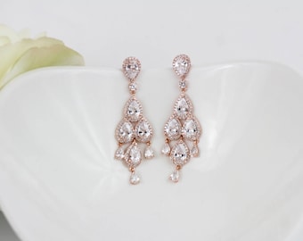 Rose Gold Wedding Earrings | Long Earrings | Bridal Earrings | Rose Gold Chandelier Earrings | Wedding Jewelry | Teardrop Earrings