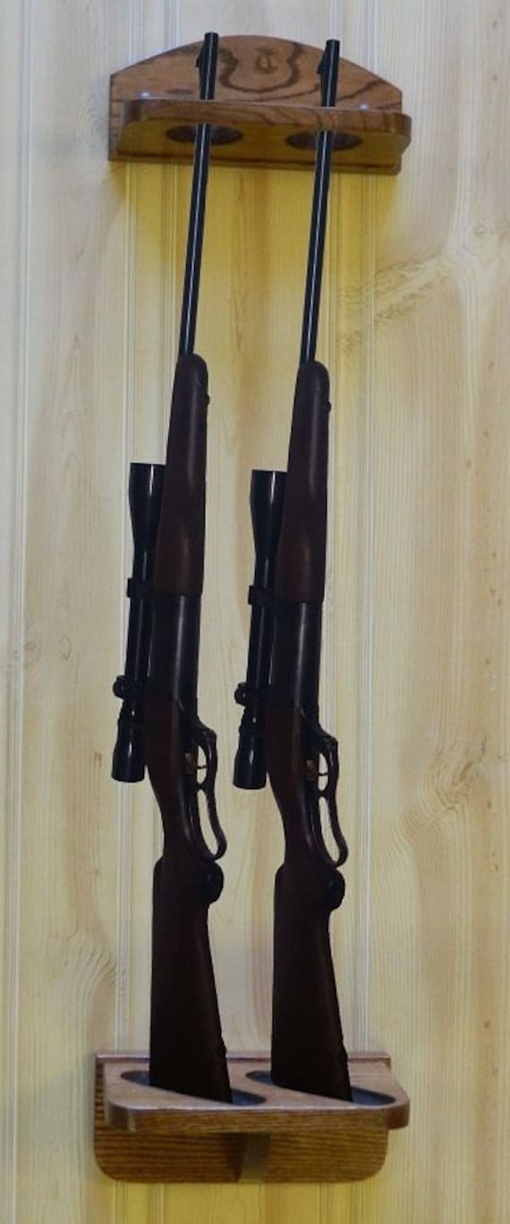 Gun Rack 2-gun vertical Wall Display solid oak wood
