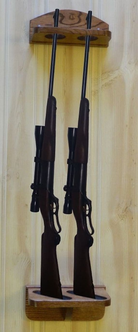 gun rack 2-gun vertical wall display solid oak wood