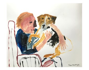 Original Faye Moorhouse painting - Man and Dog on a Chair 2 - free international shipping