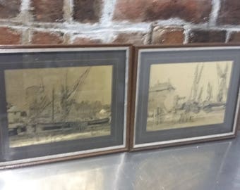Pair of Glazed Wooden Frames Gold Engravings of Boats at Port