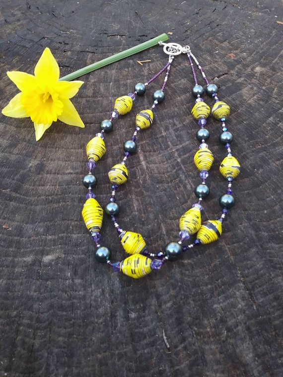 2 strand pearl necklace/ Yellow, purple and blue necklace/ paper and pearl necklace