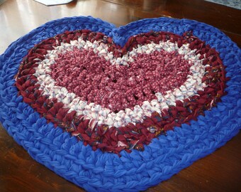 Crochet Rag Rug Medium Heart in Blue Maroon and White Cotton Ready TO Ship