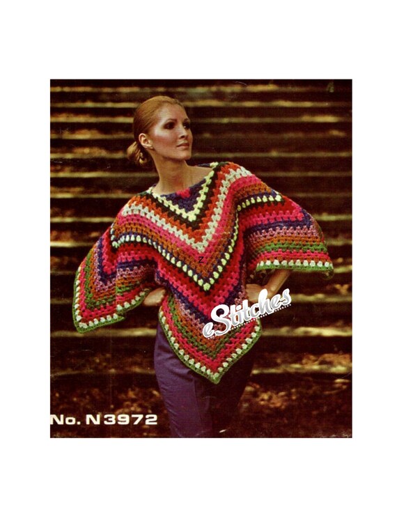 Download 1970s Granny Square Poncho Crochet pattern PDF 7072