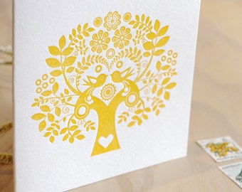 Mother's Day's, sweet pretty card, Valentine's Day Spring, Letterpress Card Scandinavian Folk Style, yellow mustard, Tree of Life, Nordic