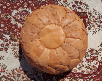 Handmade Moroccan Pouf All Leather, Genuine Leather Ottoman, Natural Tan Color (Unstuffed)