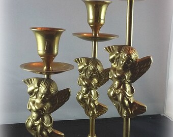 3 Sold Brass Candlestick Holders Made in India Graduated Heights Cherubs Excellent Condition Reduced!