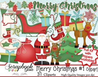 MERRY CHRISTMAS SET #1 Clipart, 31 png Clipart files Instant Download winter christmas tree gift santa stocking snowflake sleigh reindeer