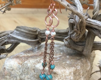 Copper turquoise dangly handmade bohemain earrings