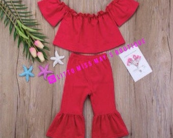 2pcs Toddler Kid Girl Casual Off Shoulder Short Sleeve Tops Bell-Bottom Long Pants 2018 New Summer Clothes Set