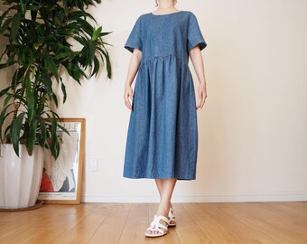 Oversized Denim Babydoll Midi Dress / Midi Loose Babydoll Dress / Simple Denim Dress / Small Dress