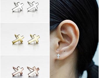 925 Sterling Silver Earrings, Cross Earrings, Gold Plated Earrings, Rose Gold Plated Earrings, Stud Earrings (Code : E48B)