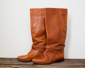 Vintage brown leather boots / riding boots / tall boots / buckle boots