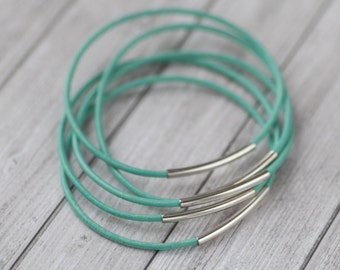 Turquoise leather bangles with silver tube, set of 5 bracelets