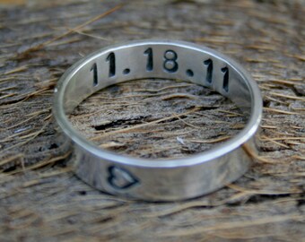 Personalized Jewelry - Custom Sterling Silver Anniversary Ring - Sideways Heart with Custom Date