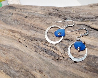 Blue Seaglass Earrings, Blue Sterling Hoop Earrings, Blue Glass Earrings, Seaglass Earrings, Beach Earrings, Beachglass Earrings