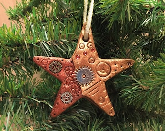 Steampunk Star Holiday Ornament - Industrial Christmas Tree Home Decor Polymer Clay Mixed Media style 5